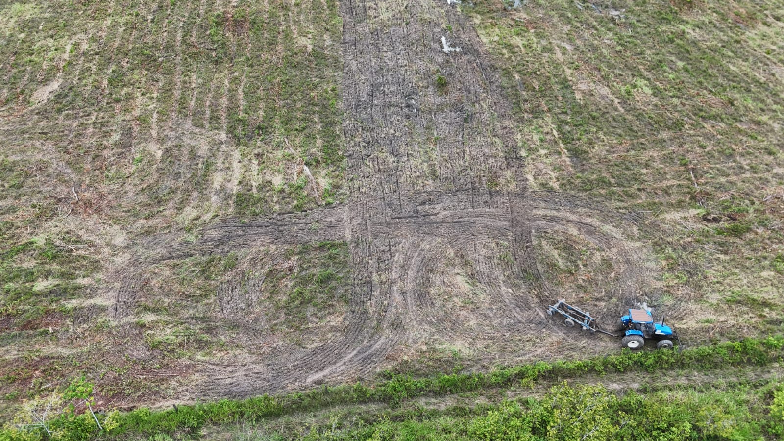 Trator com grade preparando o solo em área recém-limpa