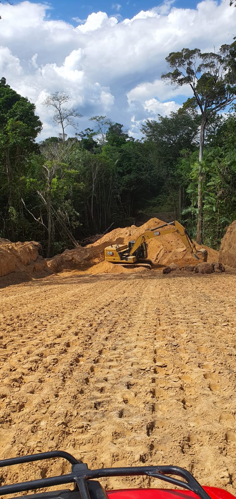 Escavadeira abrindo acesso em área de mata